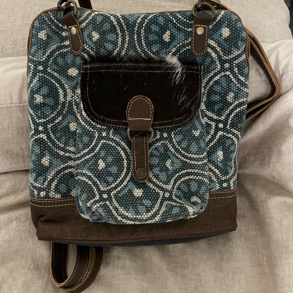 Myra Bag Blue and Brown Patterned Backpack